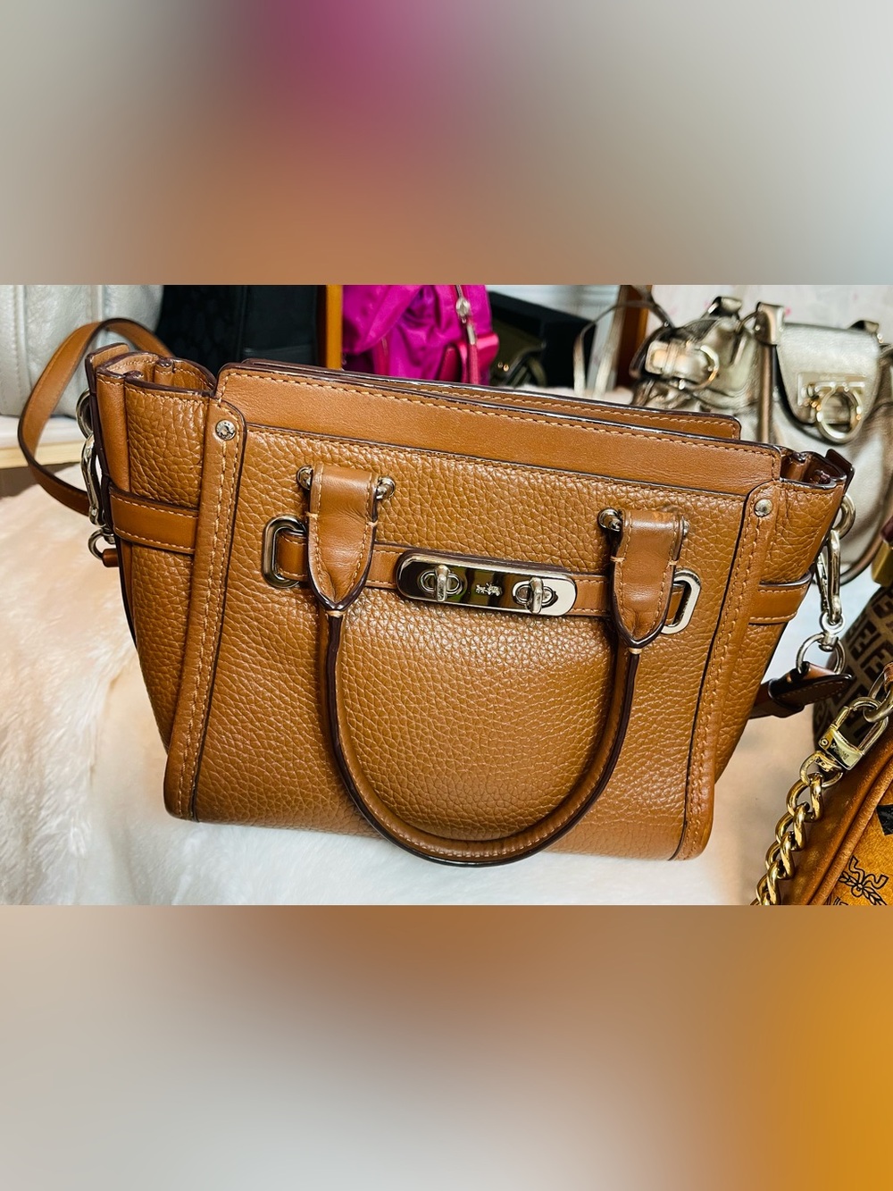 Coach Pebbled Leather Satchel Handbag in Tan